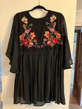 Umgee Black Textured Blouse with Purple Floral Accent